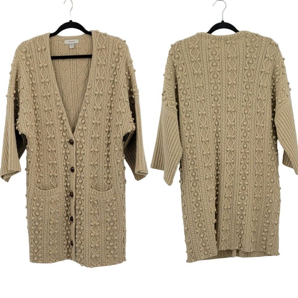 Vintage 70's Faconnable cardigan sweater‎ wool long 3D knobby granny core tan S